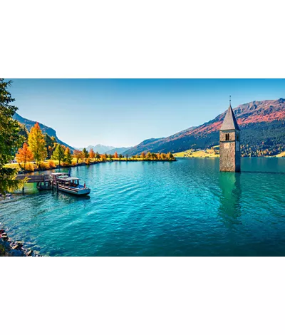 Alto Adige, Curon: the sunken bell tower in Lake Resia