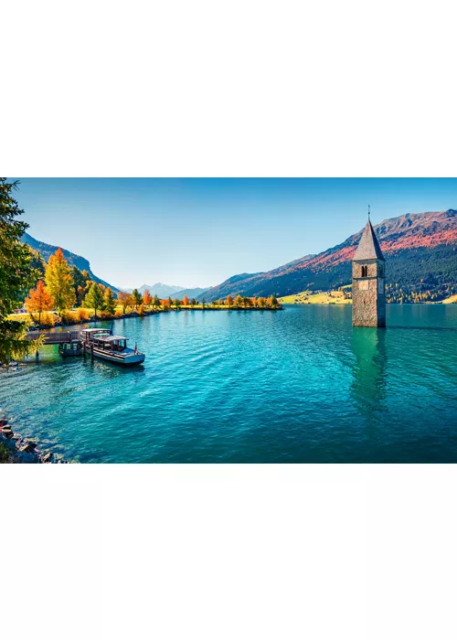 Alto Adige, Curon: the sunken bell tower in Lake Resia