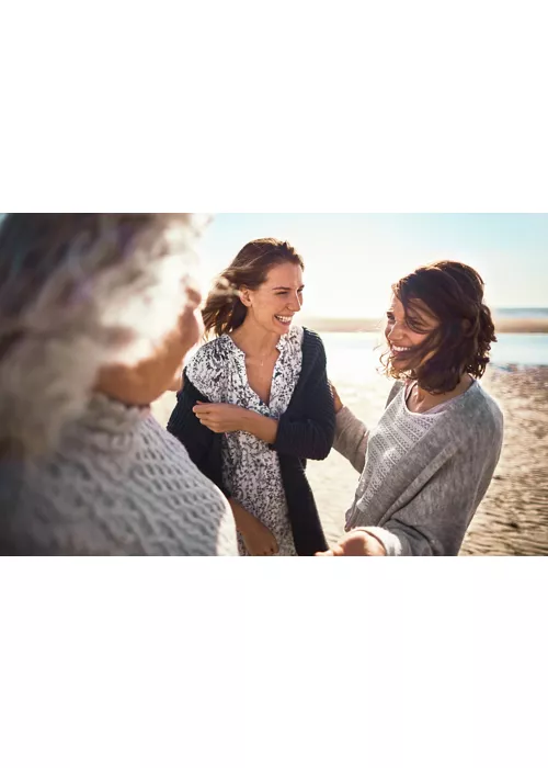 Three women at the sea in spring