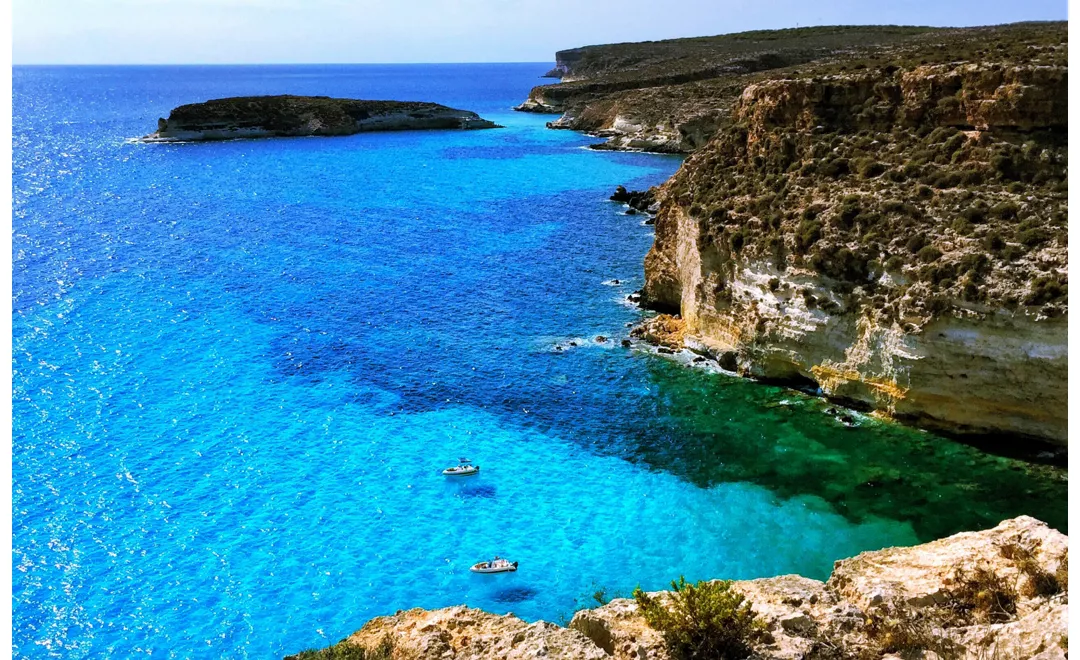 View of the sea and the coast of Lampedusa, in Sicily