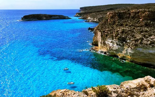 View of the sea and the coast of Lampedusa, in Sicily