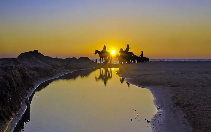 Passeggiata a cavallo sulla spiaggia al tramonto