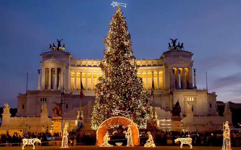 christmas tree and nativity scene in rome