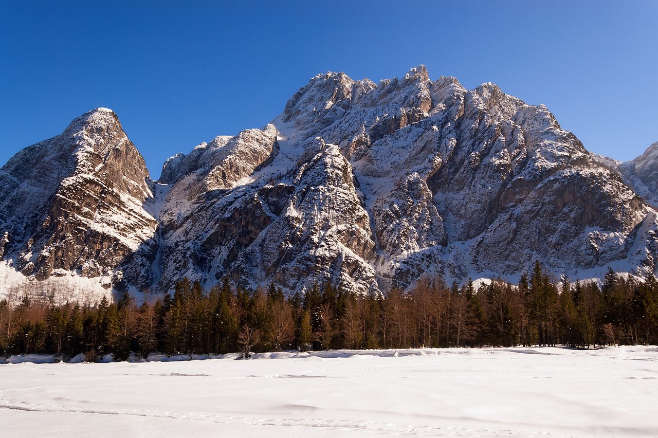Julian Alps in winter in Val Saisera (Saisera Valley) with snowy peaks and blue sky. Tarvisio, Friuli Venezia Giulia, Italy, Europe