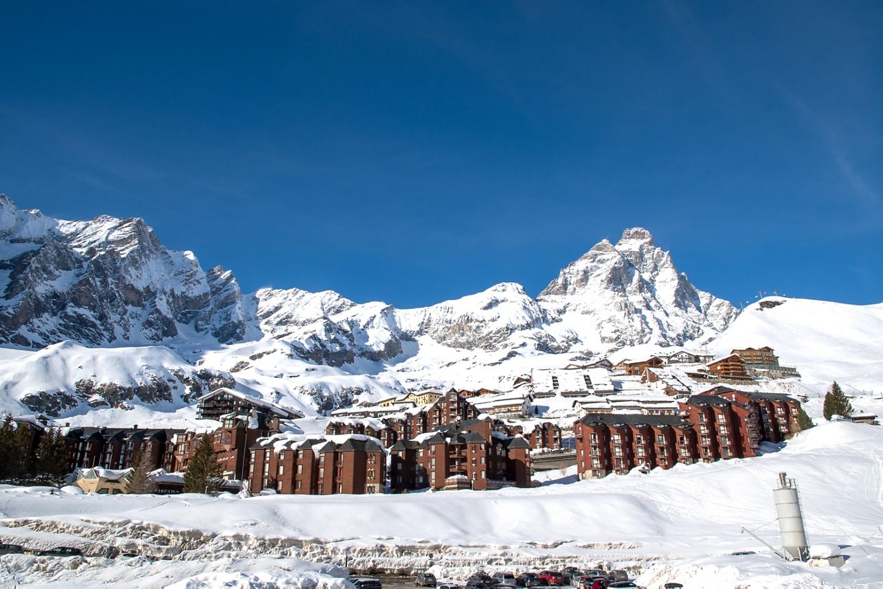 Monte Cervino (Matterhorn) and village of Breuil-Cervinia in March, Valle d'Aosta, Italy