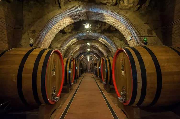 Old wine barrels in the vault of winery, Montepulciano - Tuscany