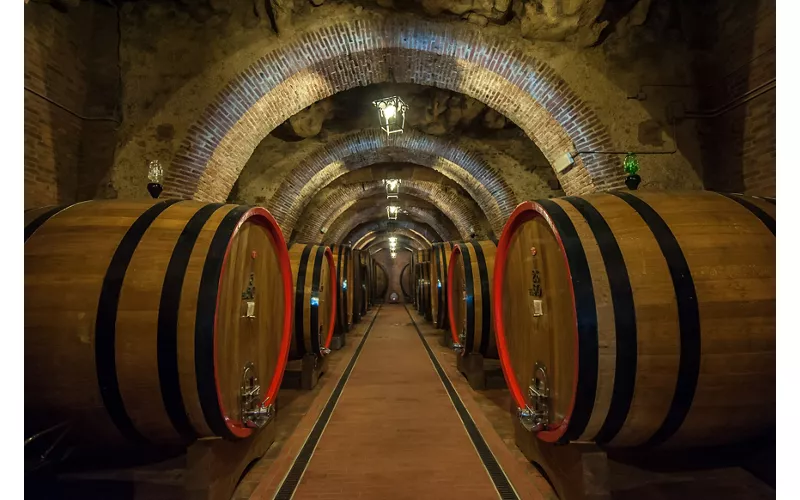 Botti di vino in una cantina di Montepulciano