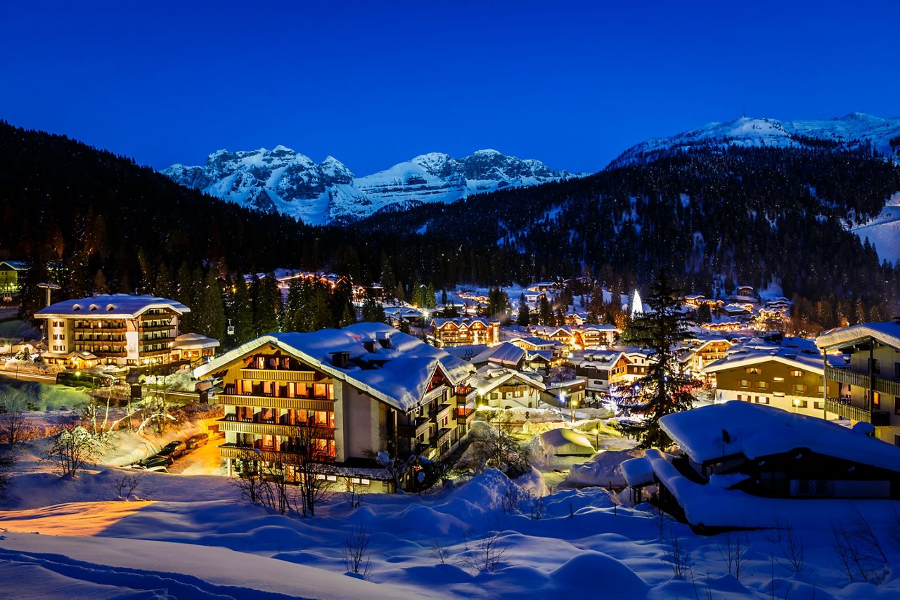 Illuminated Ski Resort of Madonna di Campiglio in the Morning, Italian Alps, Italy