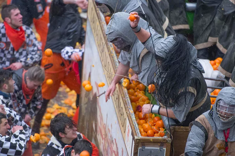 Battle of the oranges during the Ivrea Carnival in Piedmont