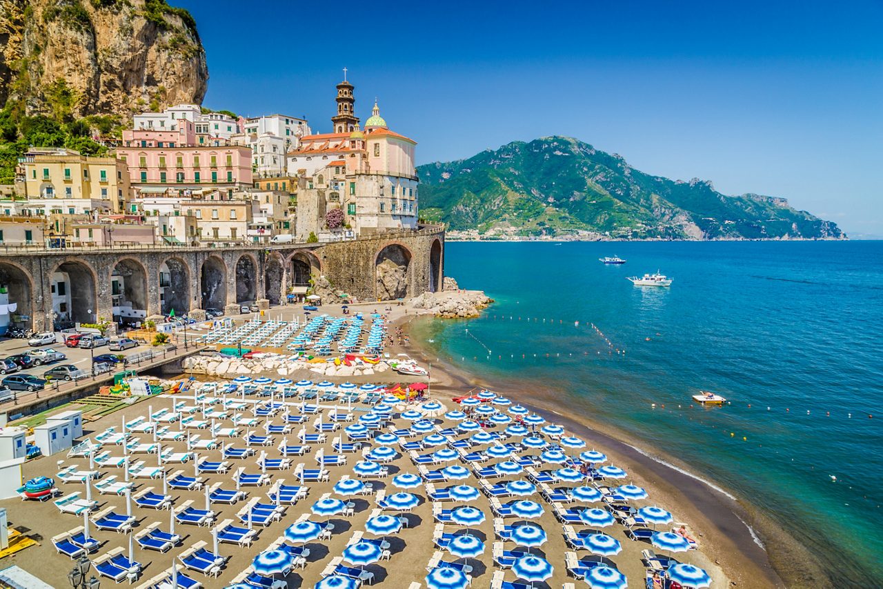 Scenic picture-postcard view of the beautiful town of Atrani at famous Amalfi Coast with Gulf of Salerno, Campania, Italy.