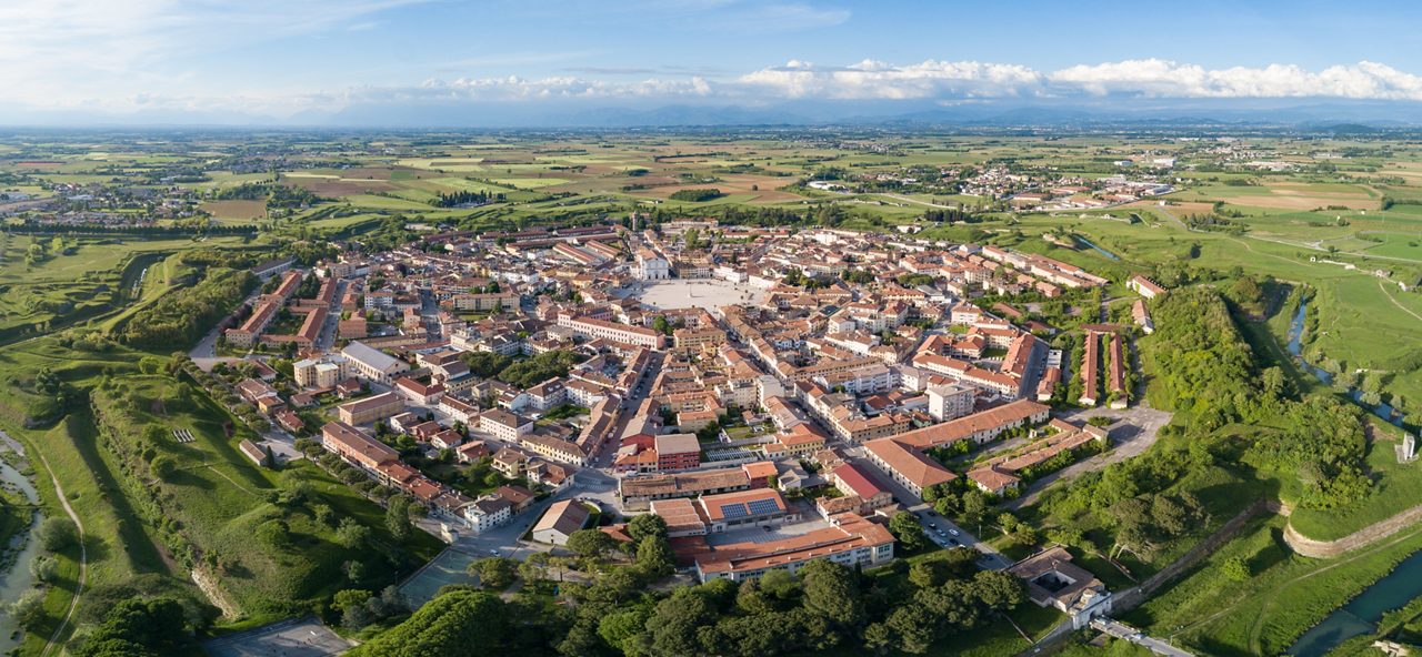 Palmanova city panoramic aerial view with Aquileia door. Friuli Venezia Giulia, Italy.