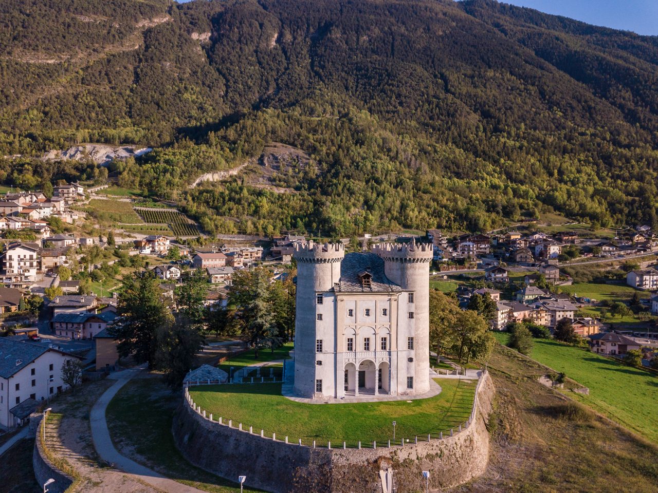Aerial view of the castle of Aymavilles, Aosta, Italy