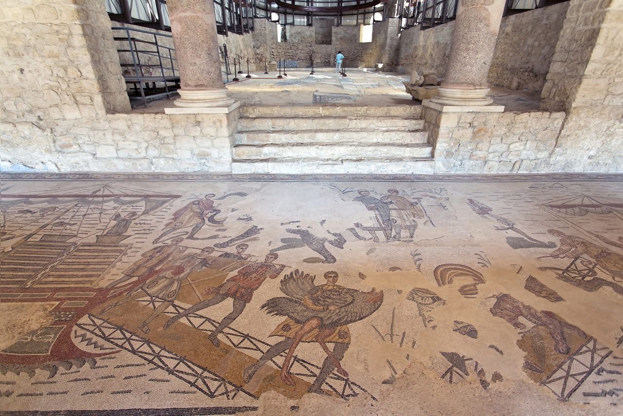 PIAZZA ARMERINA, SICILY, September 29, 2014: Mosaics in Villa Romana del Casale, Piazza Armerina, Sicilia, Italy, UNESCO World Heritage Site