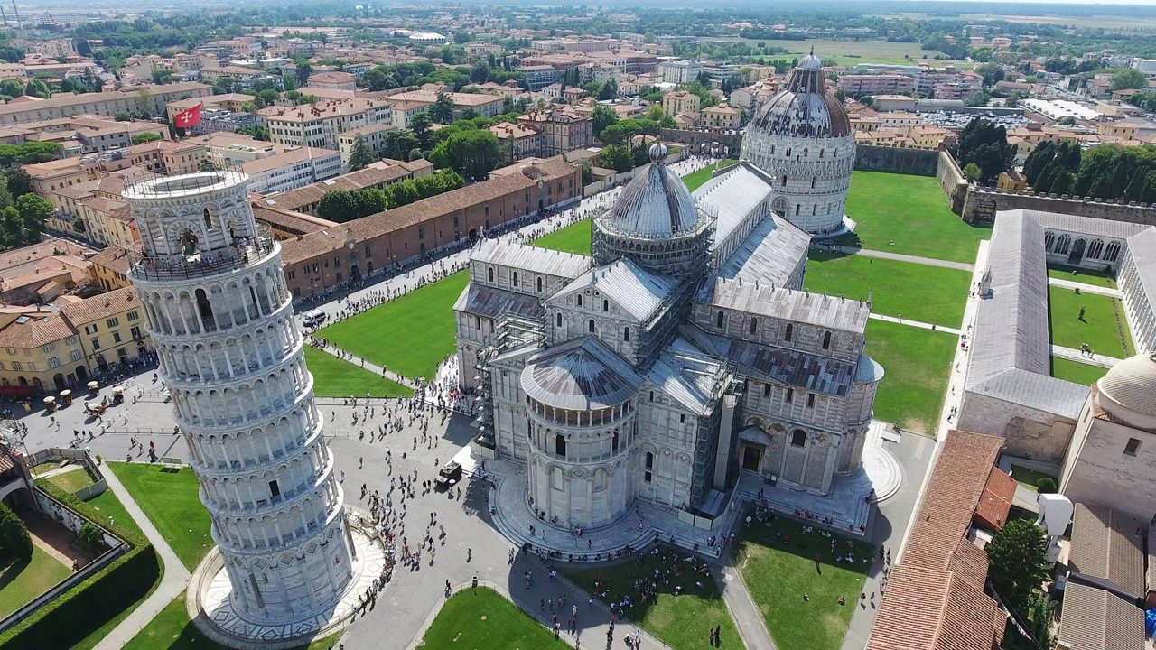 Aerial shot of the tower of Pisa in the ensemble of Santa Maria Assunta in the city of Pisa in Italy