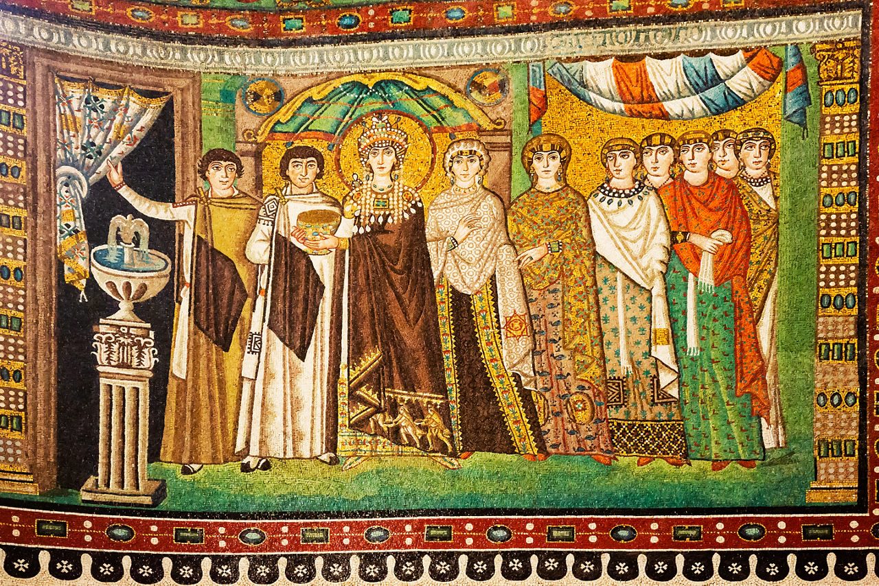 Ravenna, Italy - September 19, 2018: Mosaic of Empress Theodora and attendants. Byzantine art from Basilica San Vitale in Ravenna.