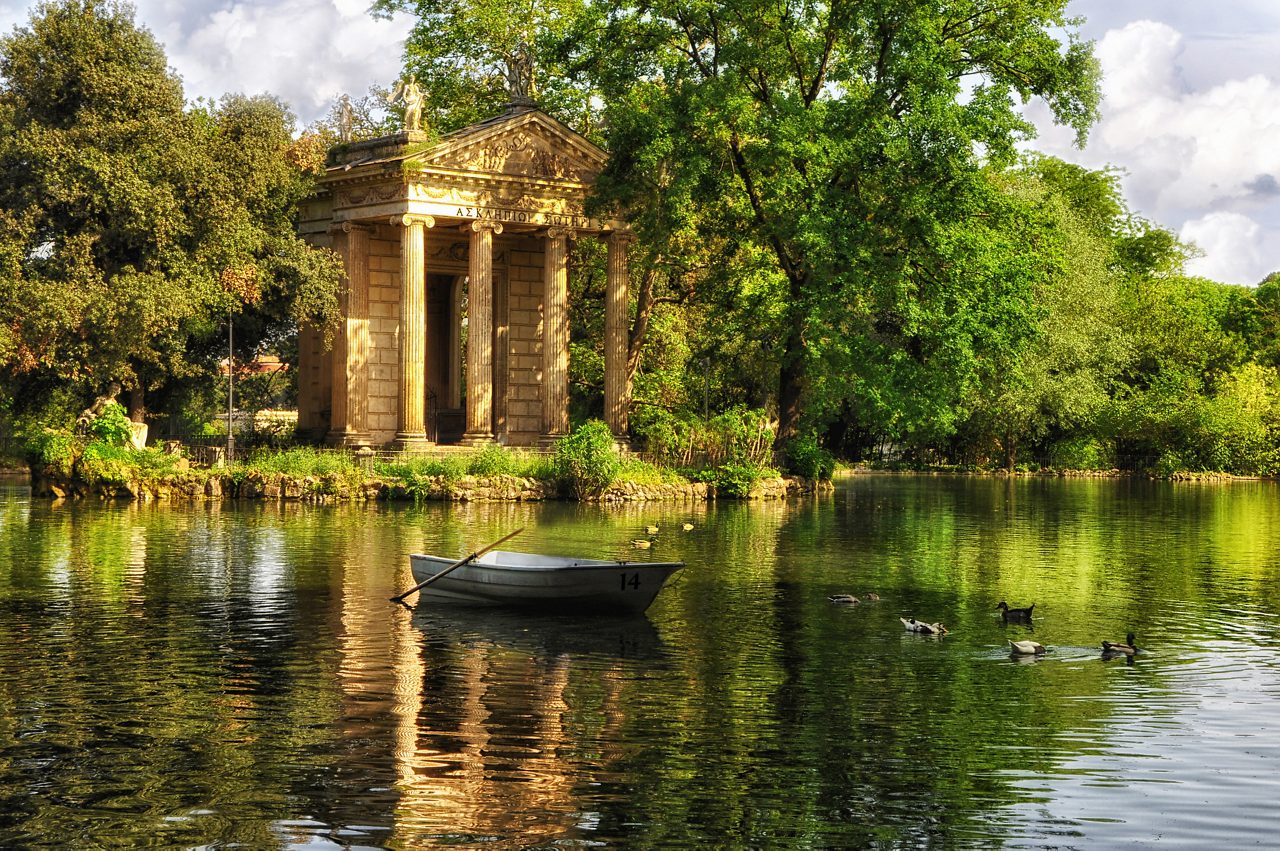 Visit Italy, park Villa Borghese with boat and ducks.