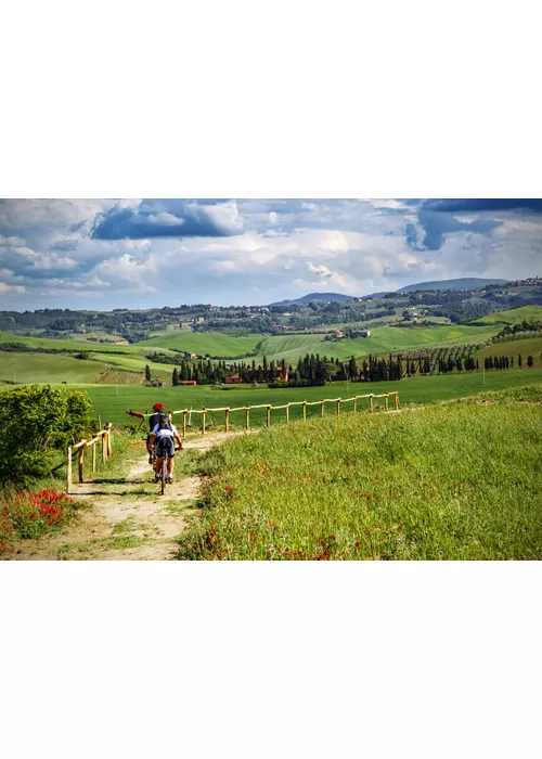 Mountain bikers on touristic trail in Tuscany 