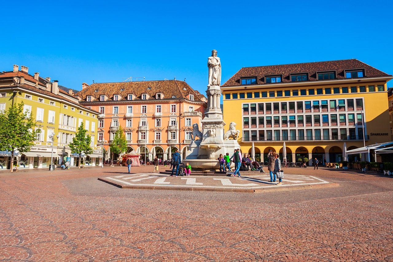 BOLZANO, ITALY - APRIL 15, 2019: Waltherplatz or Piazza Walther Von der Vogelweide is the main square in Bolzano city in South Tyrol, Italy