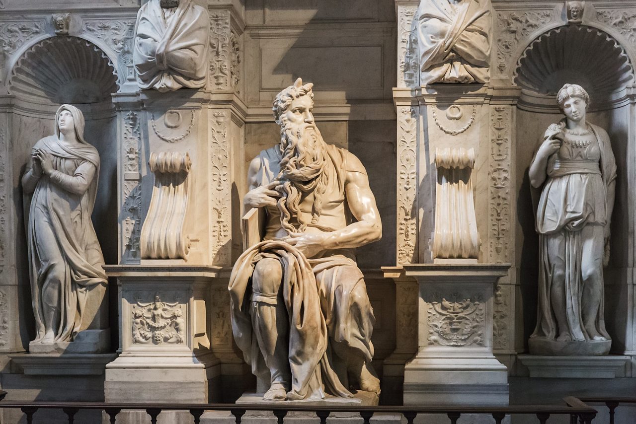 Rome, Italy â€“ March 21, 2018: Michelangelo's Moses, Statue in the basilica San Pietro in Vincoli (Saint Peter in Chains)