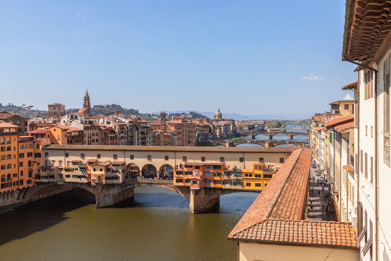 Ponte Vecchio over the Arno River and the Vasari Corridor (Corridoio Vasariano) in Florence