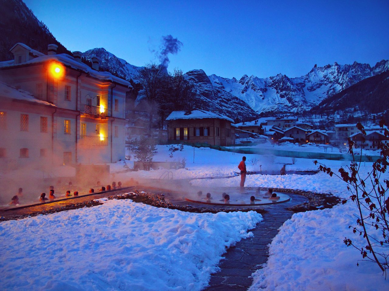 Spa resort thermal bath in hot pool in the winter, Pre Saint Didier, Italy - January 2016