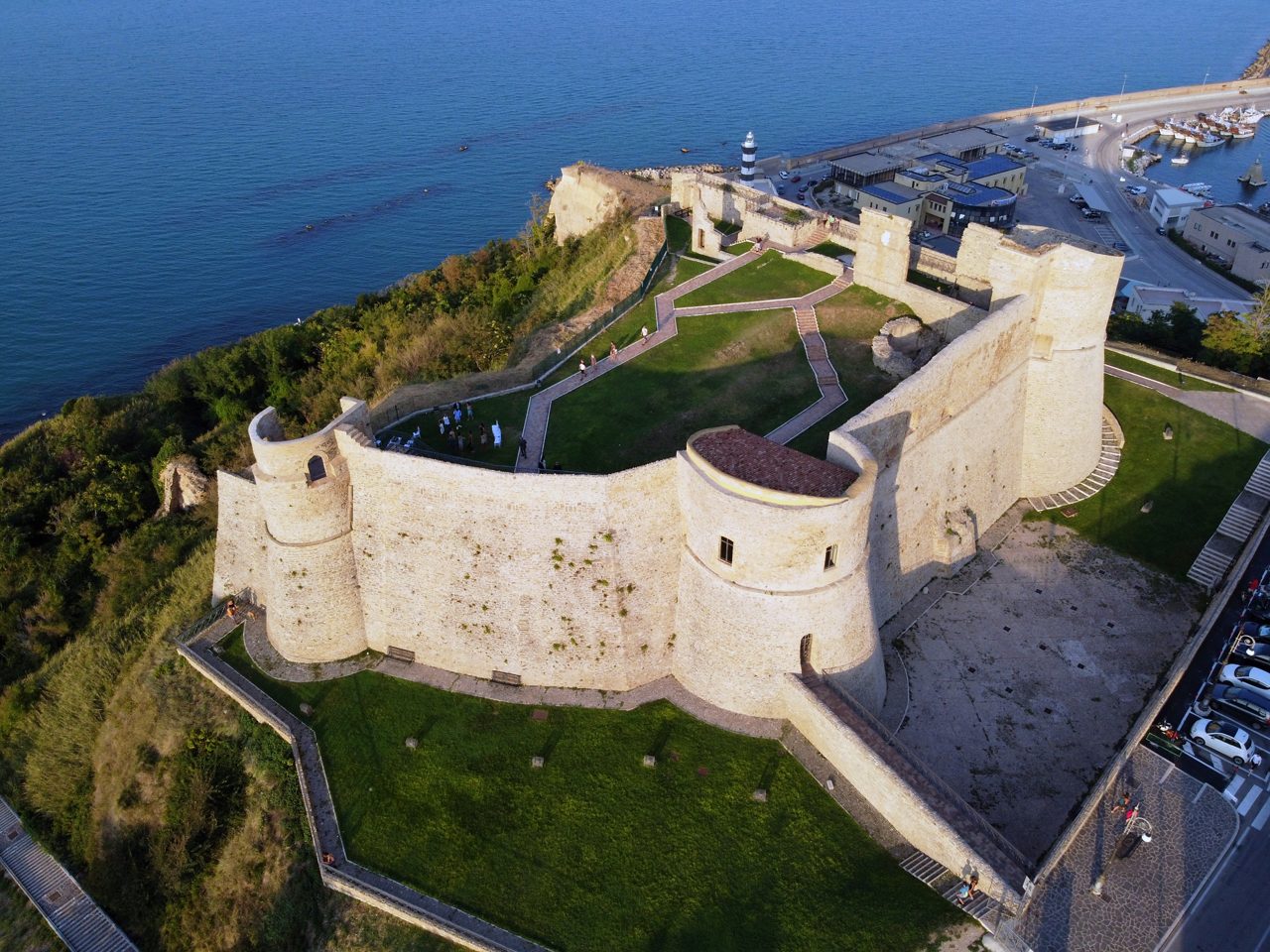 Ortona, Chieti, Abruzzo / Italy - 08/13/2020: Aerial view of the ancient Aragonese Castle on the shore of the Adriatic Sea