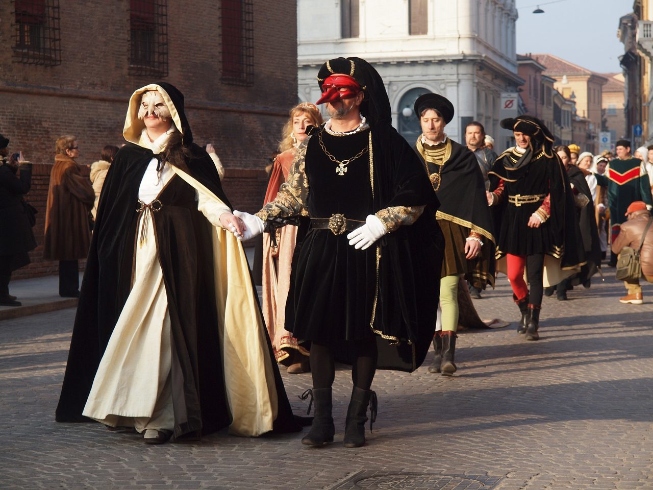 Ferrara, Italy - February 15, 2011. Renaissance Carnival in the historic centre. Masked parade.