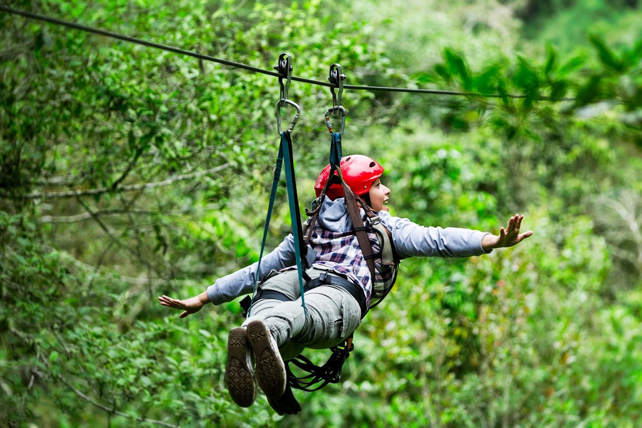 Adult Tourist Wearing Casual Clothing On Zip Line Trip Selective Focus Against Blurred Forest