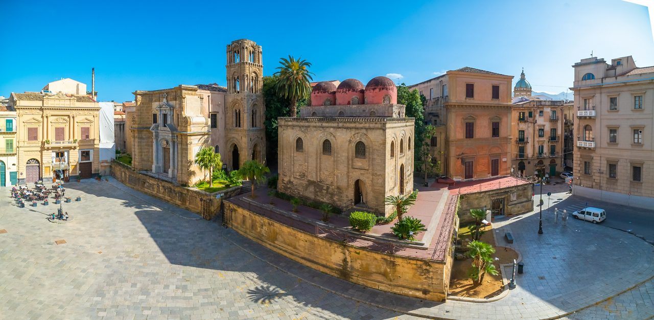 Panoramic view of Bellini Square, Santa Maria dell'Ammiraglio Church known as Martorana Church, San Cataldo church in the center of Palermo visited by many tourists