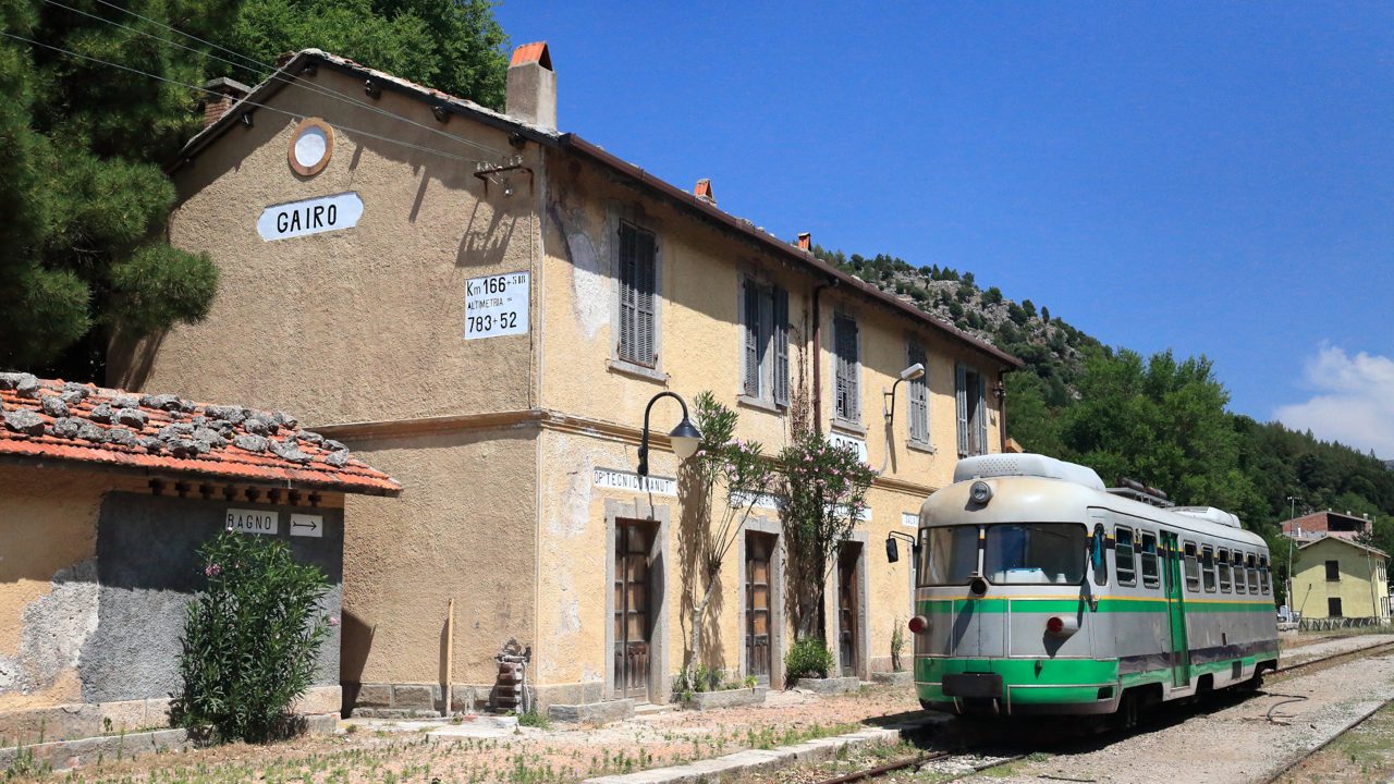 The Little Green Train of Sardinia in Gairo station, Sardinia, Italy.