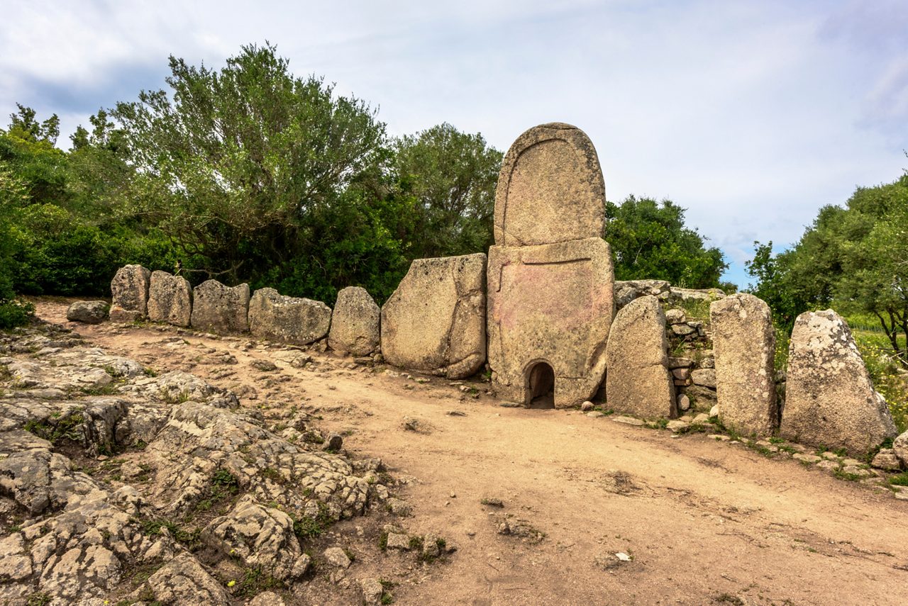 Giants' grave of Coddu Vecchiu built during the bronze age by the nuragic civilization, Doragli, Sardinia, Italy