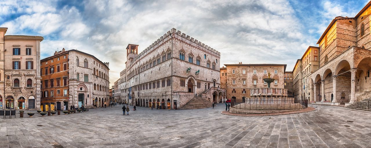 Panoramic view of Piazza IV Novembre, main square and masterpiece of medieval architecture in Perugia, Italy