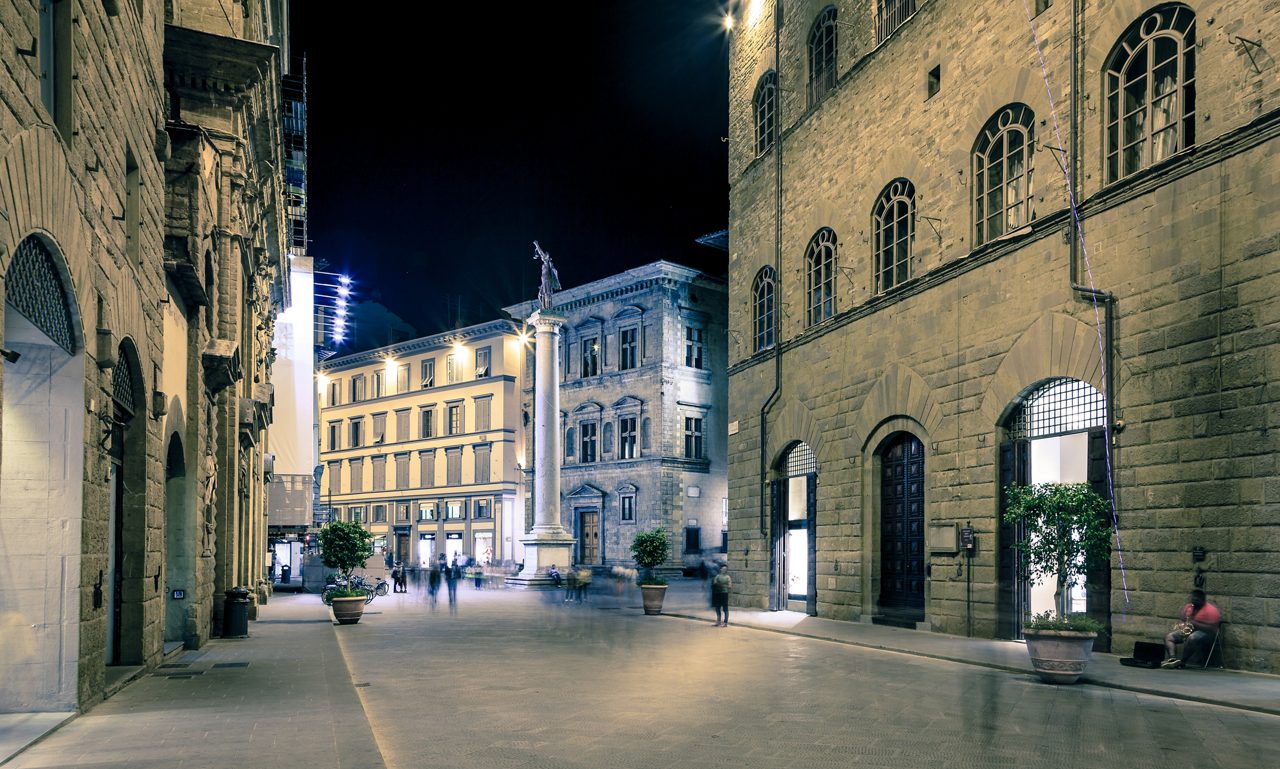 Via de Tornabuoni and the Piazza Santa Trinita in Florence, Italy at night