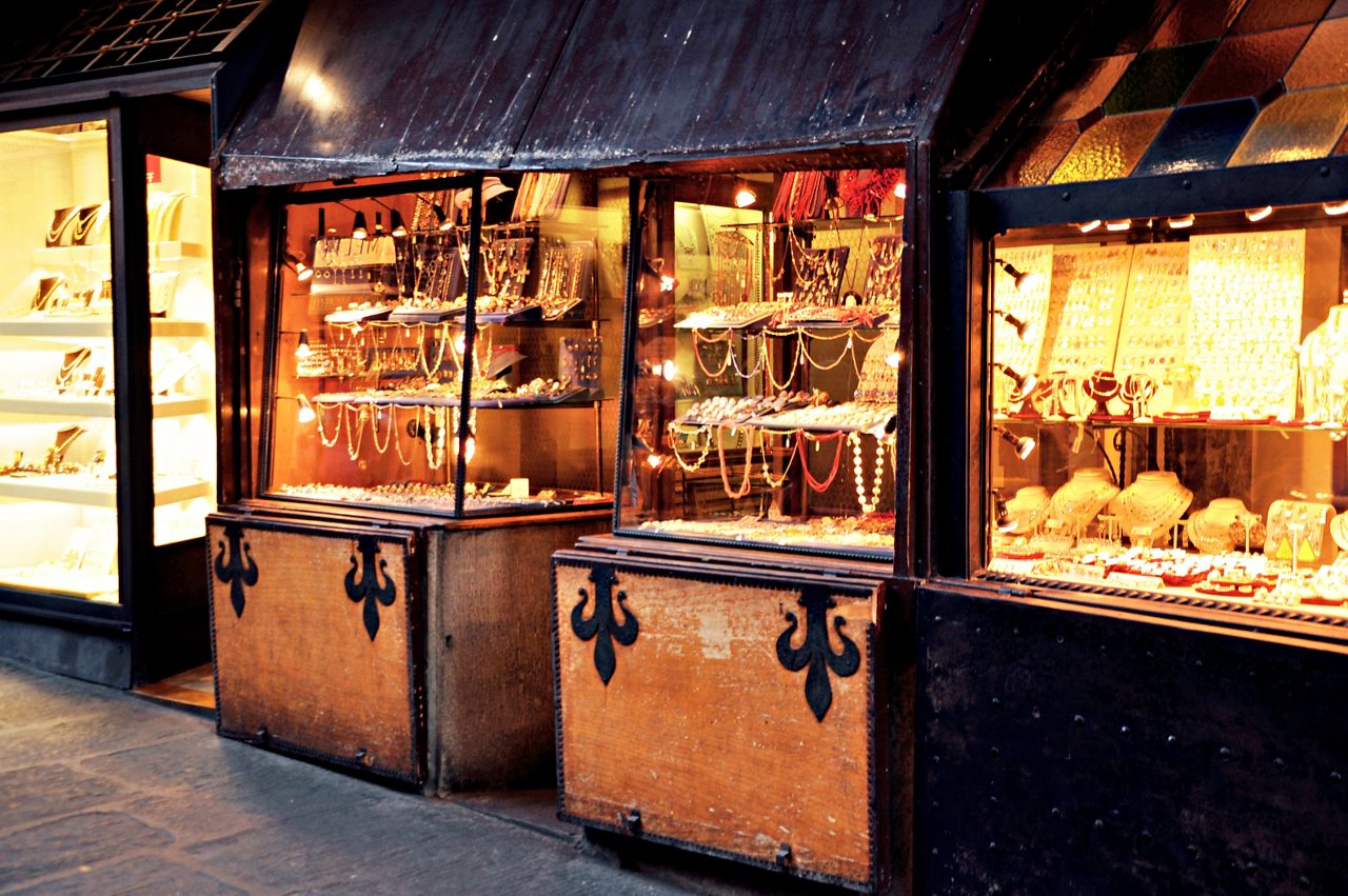 Typical jewellery shop on the famous old bridge Ponte Vecchio in Florence, Italy