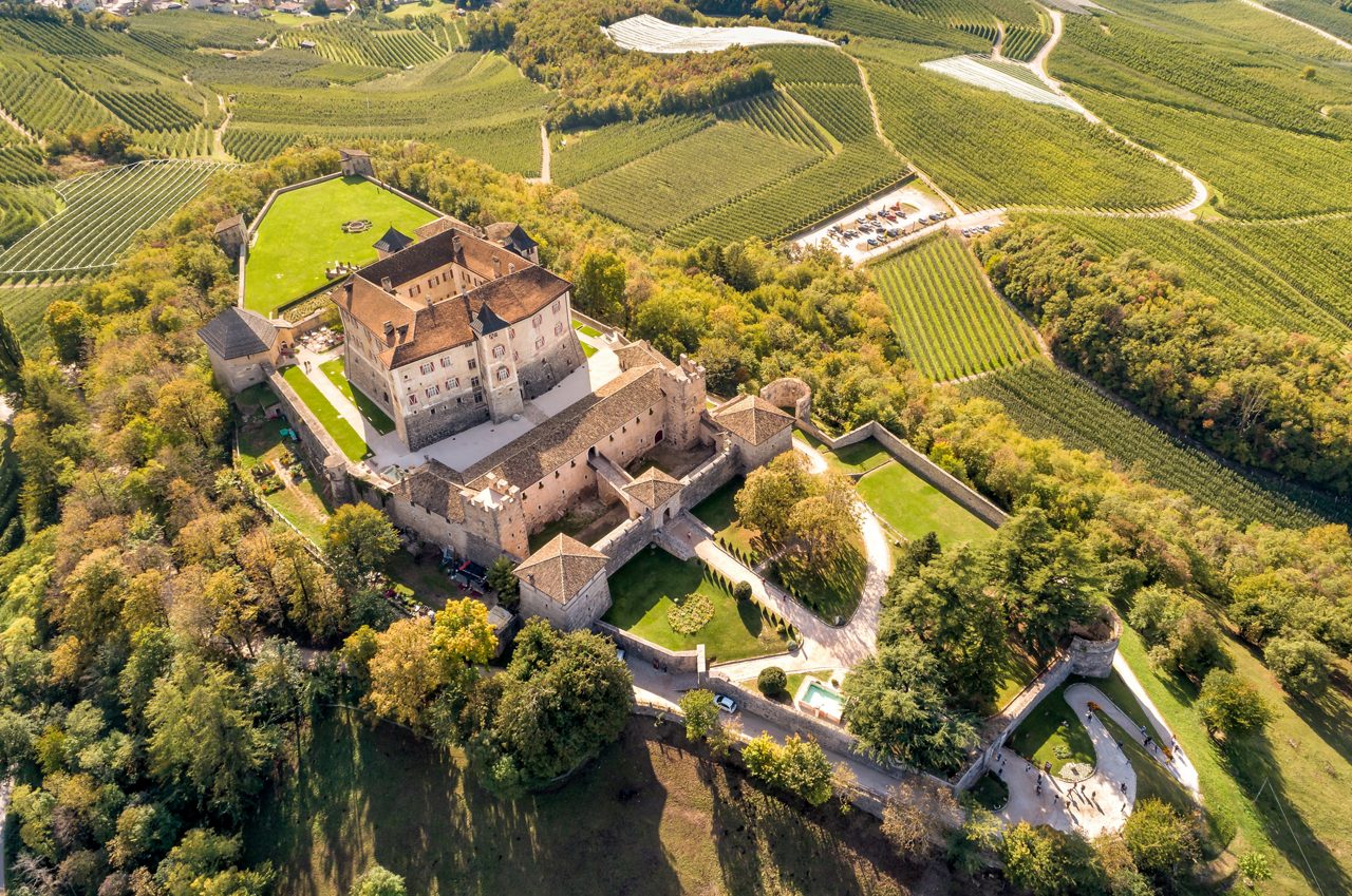 Aerial View of Castel Thun, gothic, medieval hilltop castle, Vigo di Ton, province of Trento, Italy
