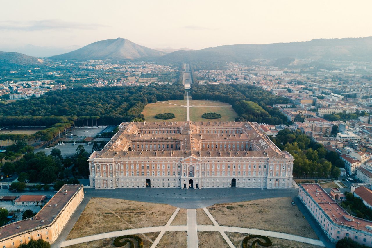 Reggia di Caserta Royal Palace and Gardens, aerial view. Caserta, Italy.
