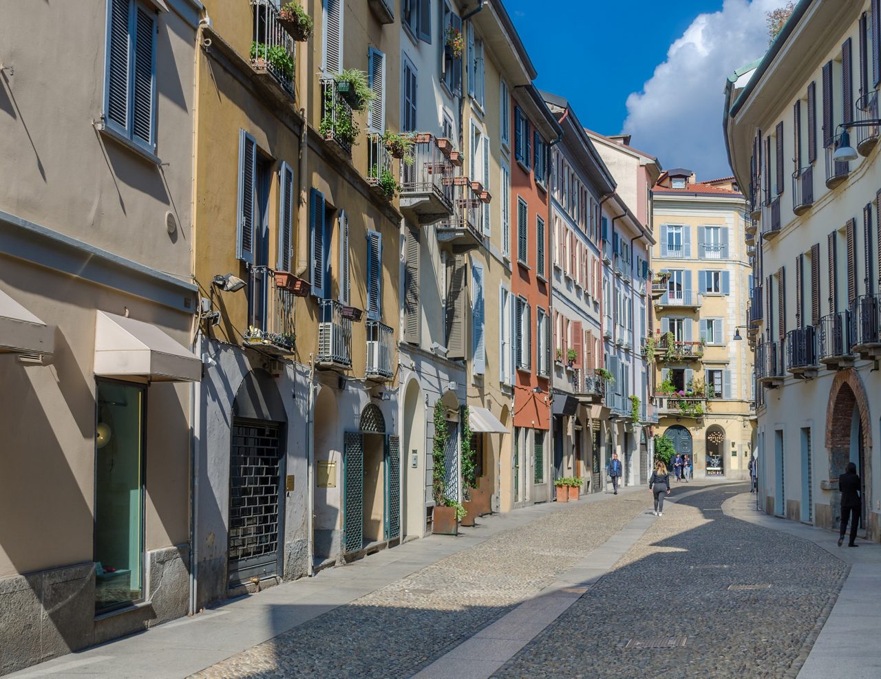 Small colourful street in the fashionable district of Brera in Milan, Lombardy, Italy
