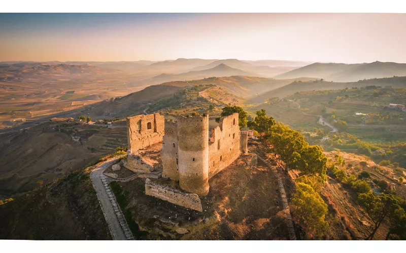 View of Mazzarino Castle at sunrise
