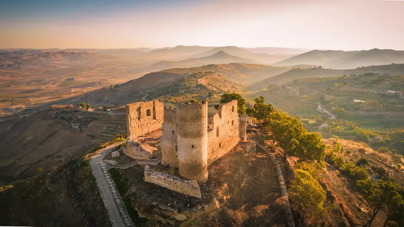 View of Mazzarino Castle at sunrise