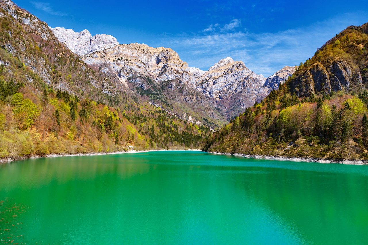 Beautiful landscape with alpine lake and mountains. Lago della Stua, Dolomiti Bellunesi, National Park, Italy. 