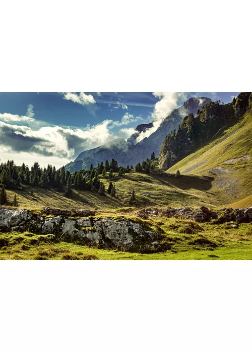 Gradoni naturali di roccia tra prati e abeti; sul fondo, montagne tra le nuvole