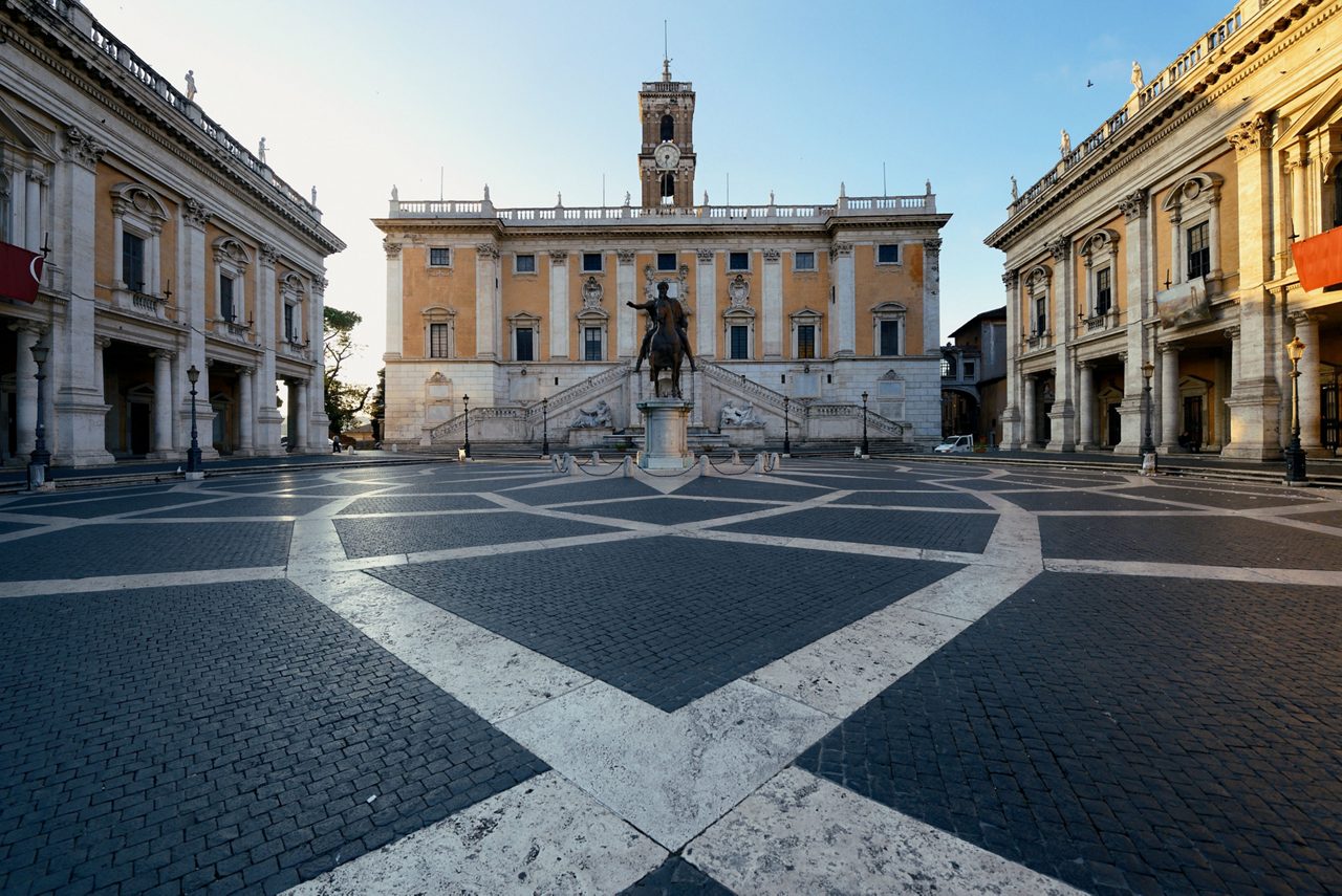 Piazza del Campidoglio with statue of Marcus Aurelius in Rome, Italy.