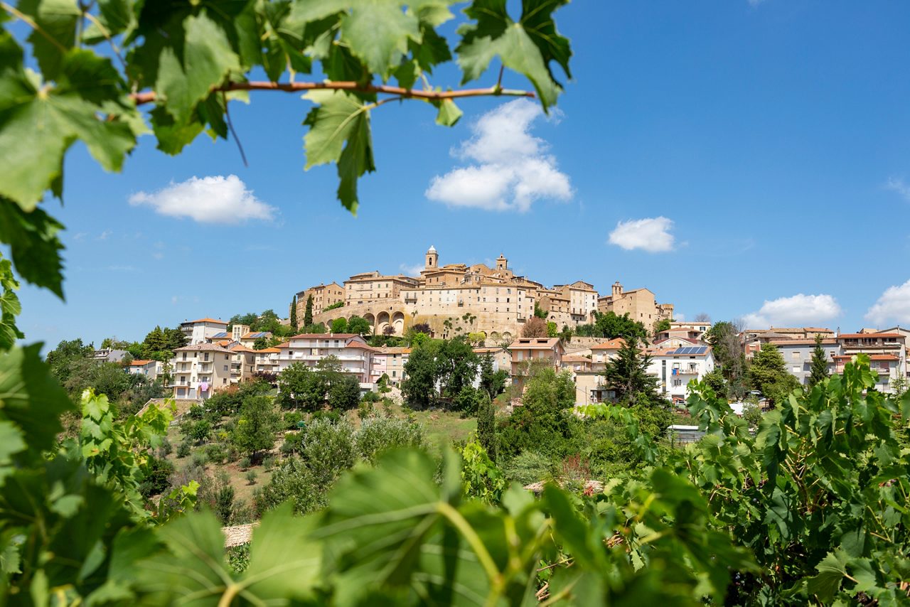 View on the church and houses of the historic Italian village of Cossignano in the province of Ascoli Piceno in the Marche region. From the wine fields on the Contrada Gallo.