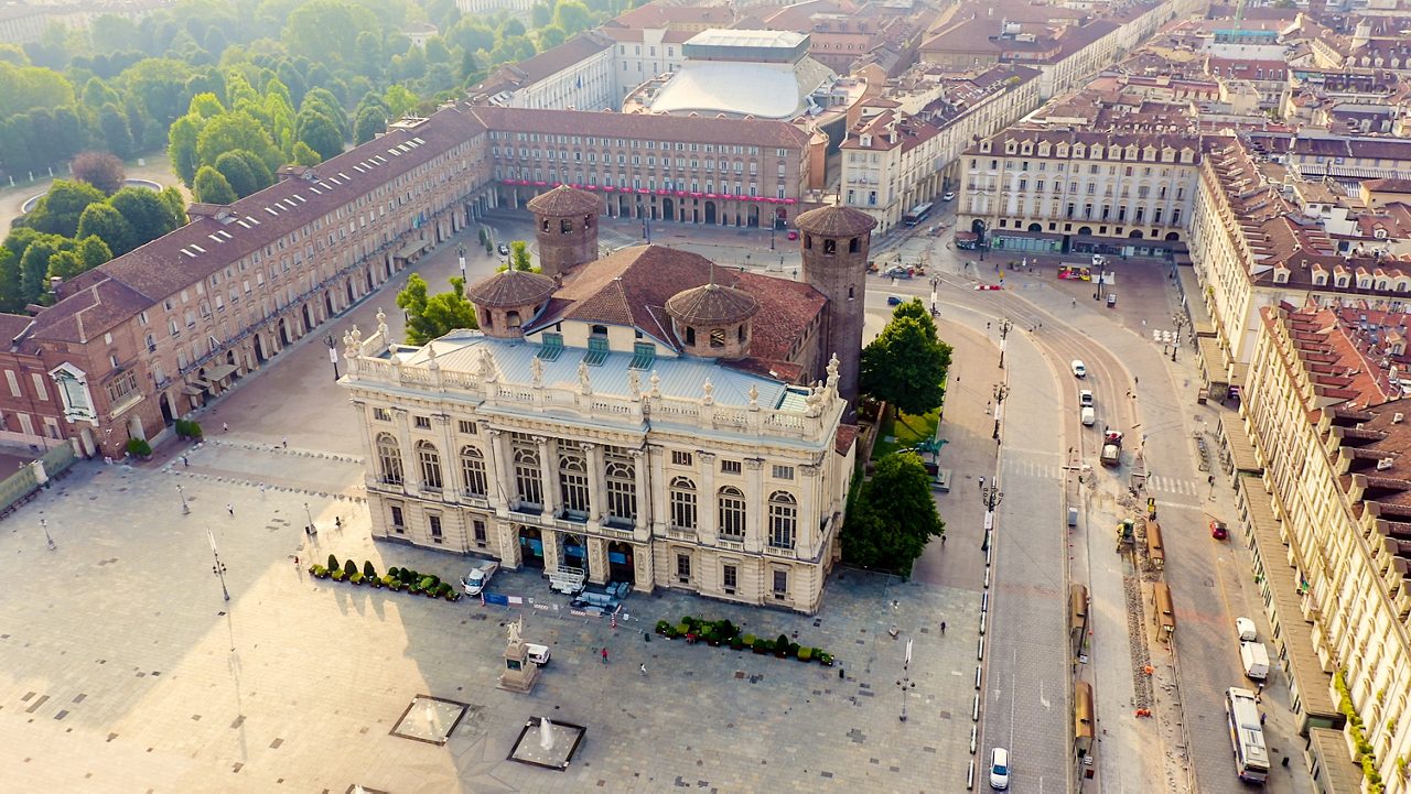 Turin, Italy. Flight over the city. Historical center, top view. Palazzo Madama, Aerial View  