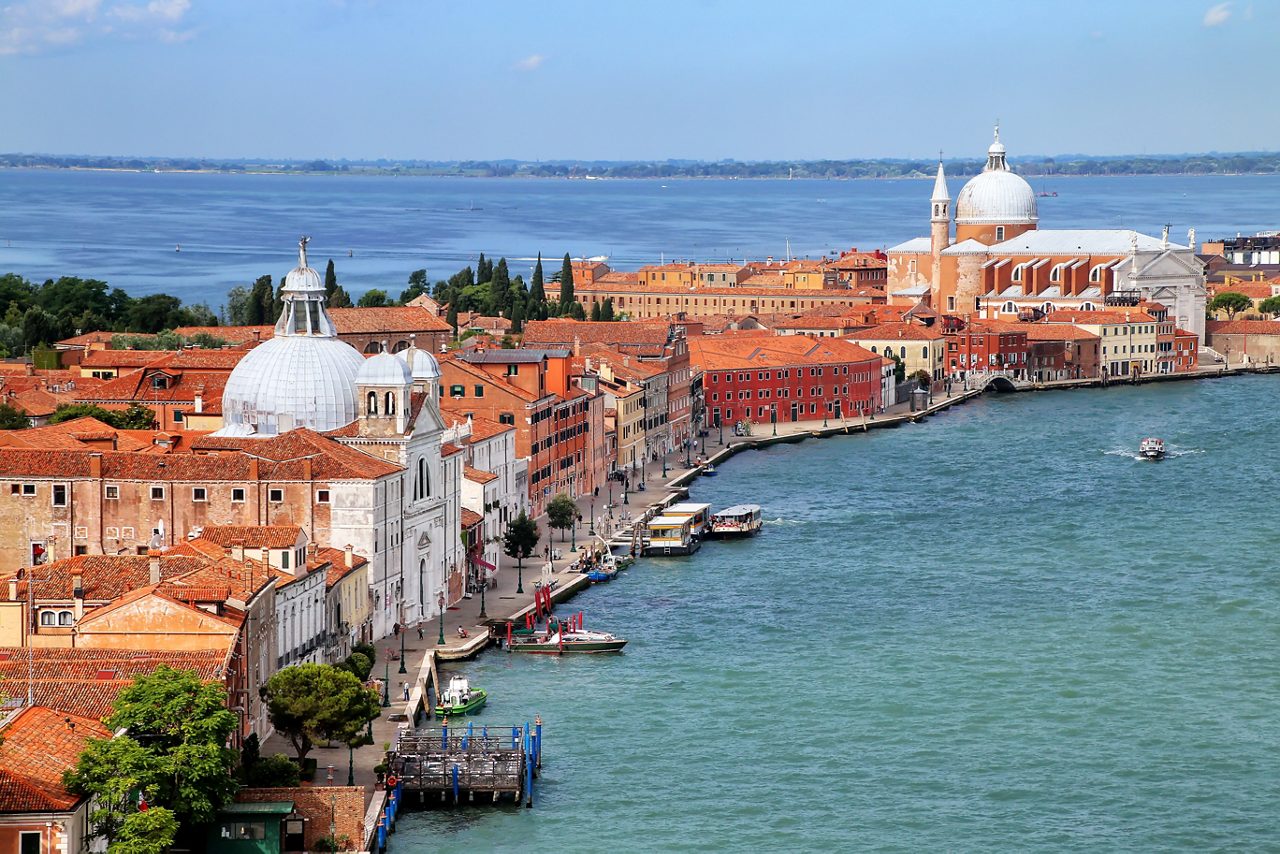View of Giudecca Island in Venice, Italy. Venice is situated across a group of 117 small islands that are separated by canals and linked by bridges.