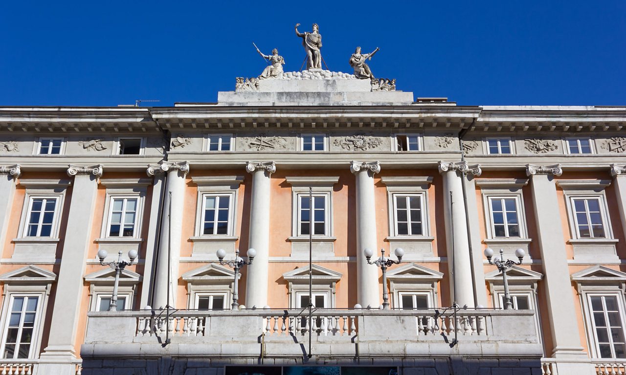 Facade of the Verdi Lyric Theater in Trieste, Italy