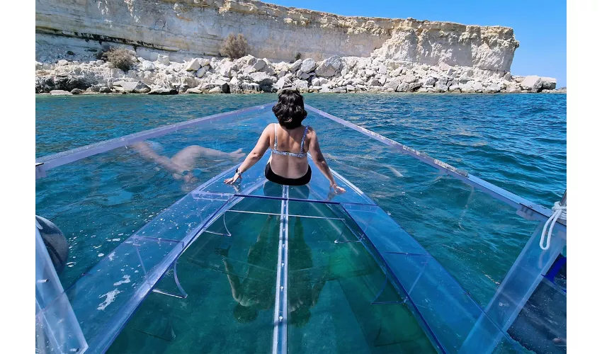 Siracusa: Tour in barca trasparente della costa e delle grotte marine + sosta per nuotare