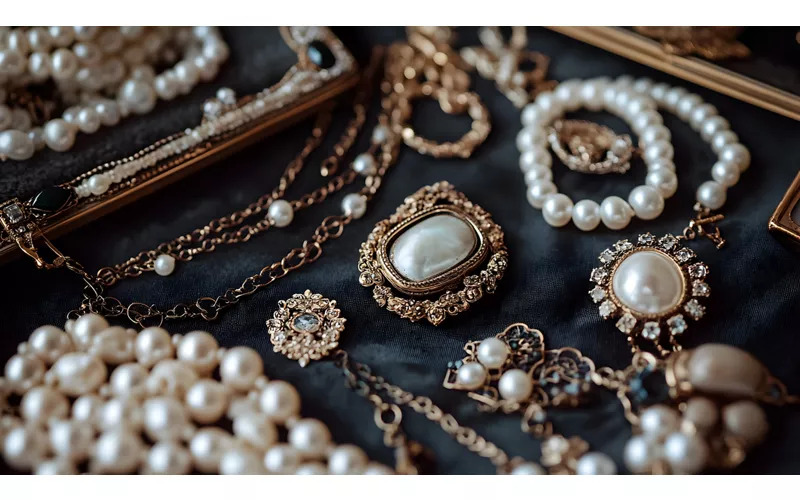 display of mixed jewelry items such as antique lockets, pearl bracelets, and delicate chains arranged artistically on a satin surface 