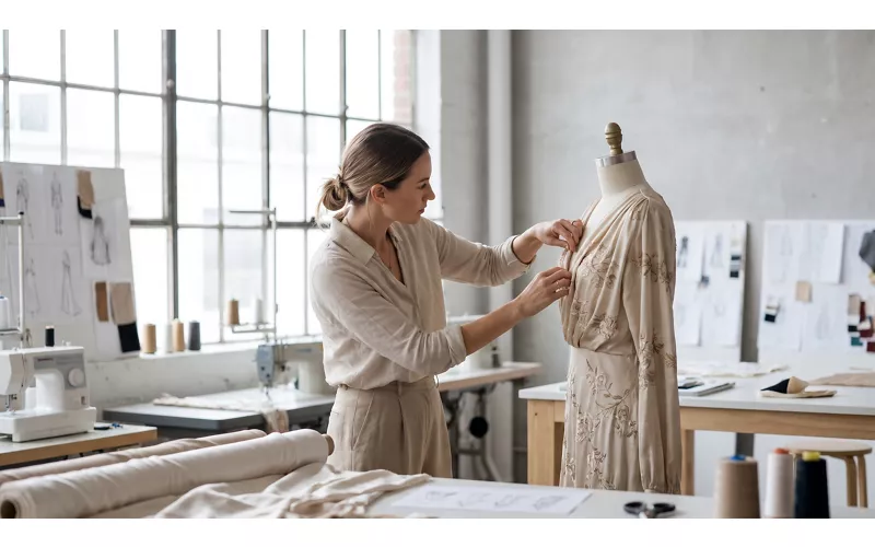 Fashion designer adjusts luxury garment on dress form in modern design studio, showcasing couture craftsmanship, garment development, textile design and creative fashion production with copy space.