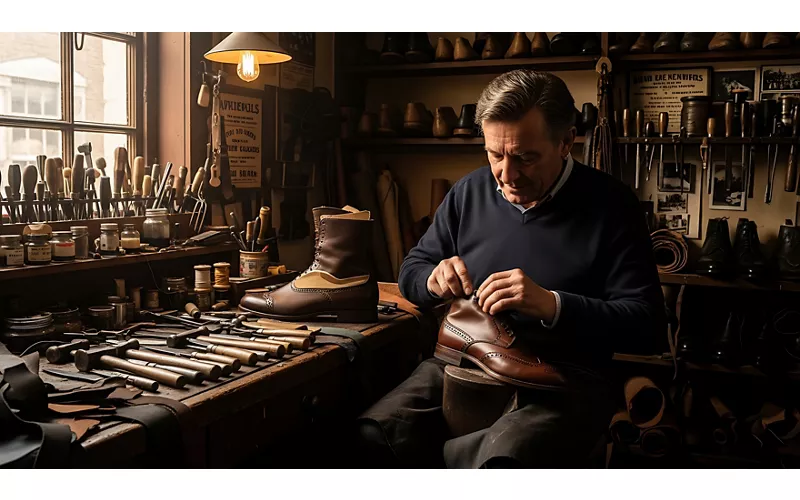 Professional Cobbler Repairing Leather Shoe in Rustic Workshop